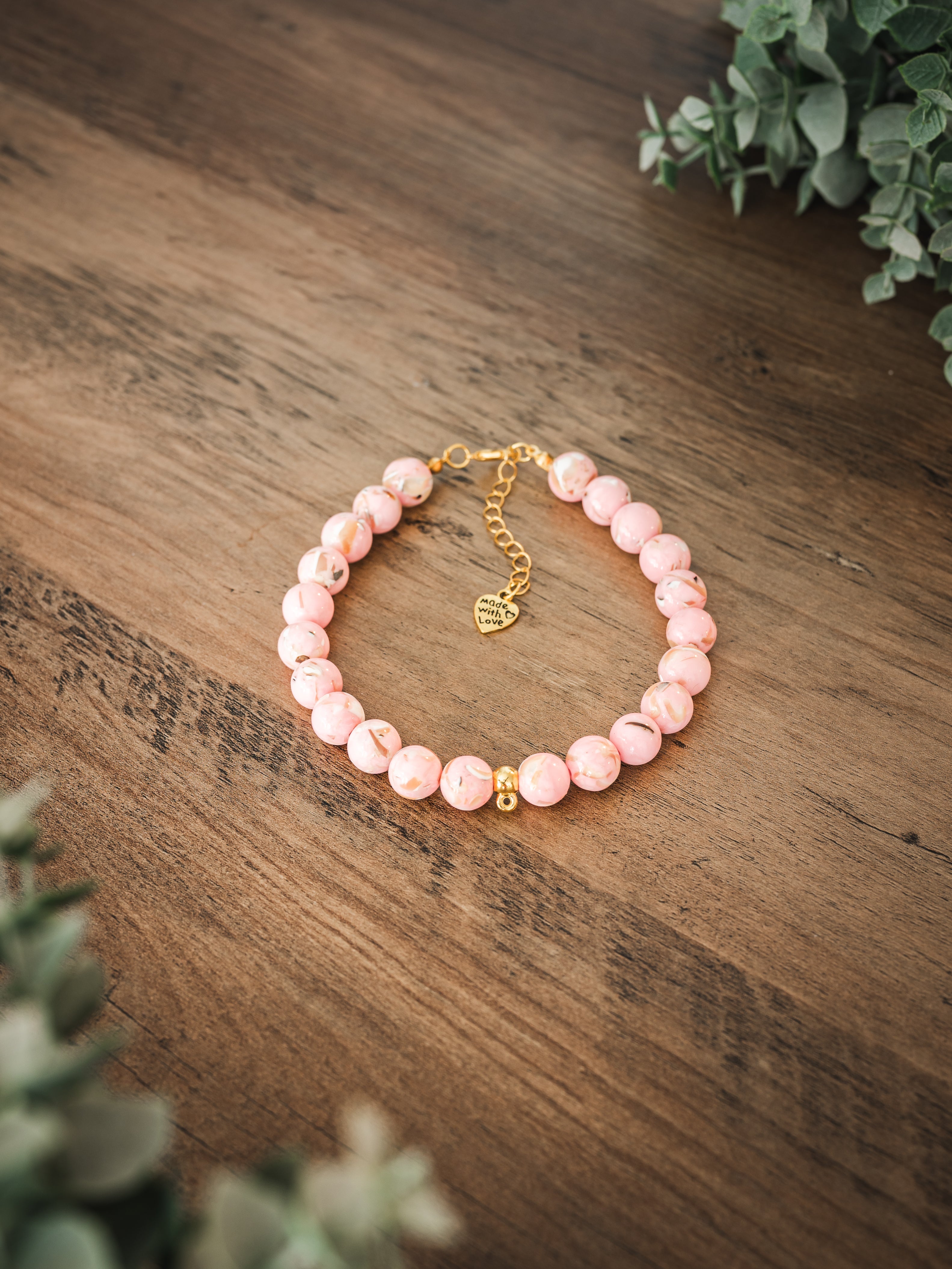 Pink howlite stone pet necklace with gold chain and Made with Love charm