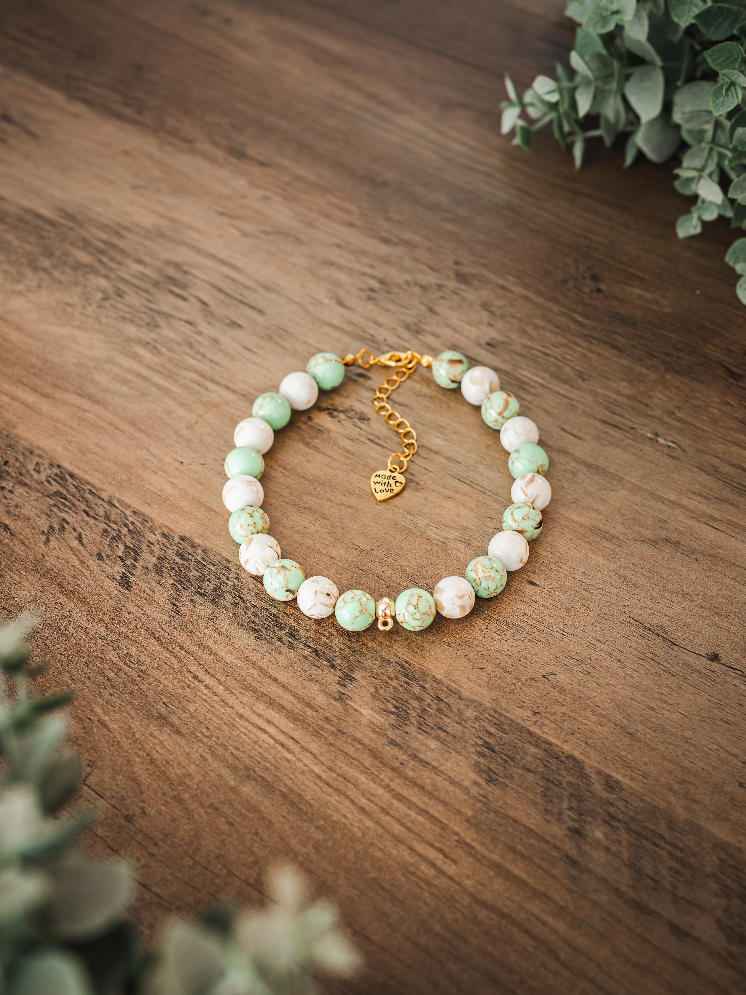 Turquoise and white howlite stone mix pet necklace with gold chain and Made with Love charm
