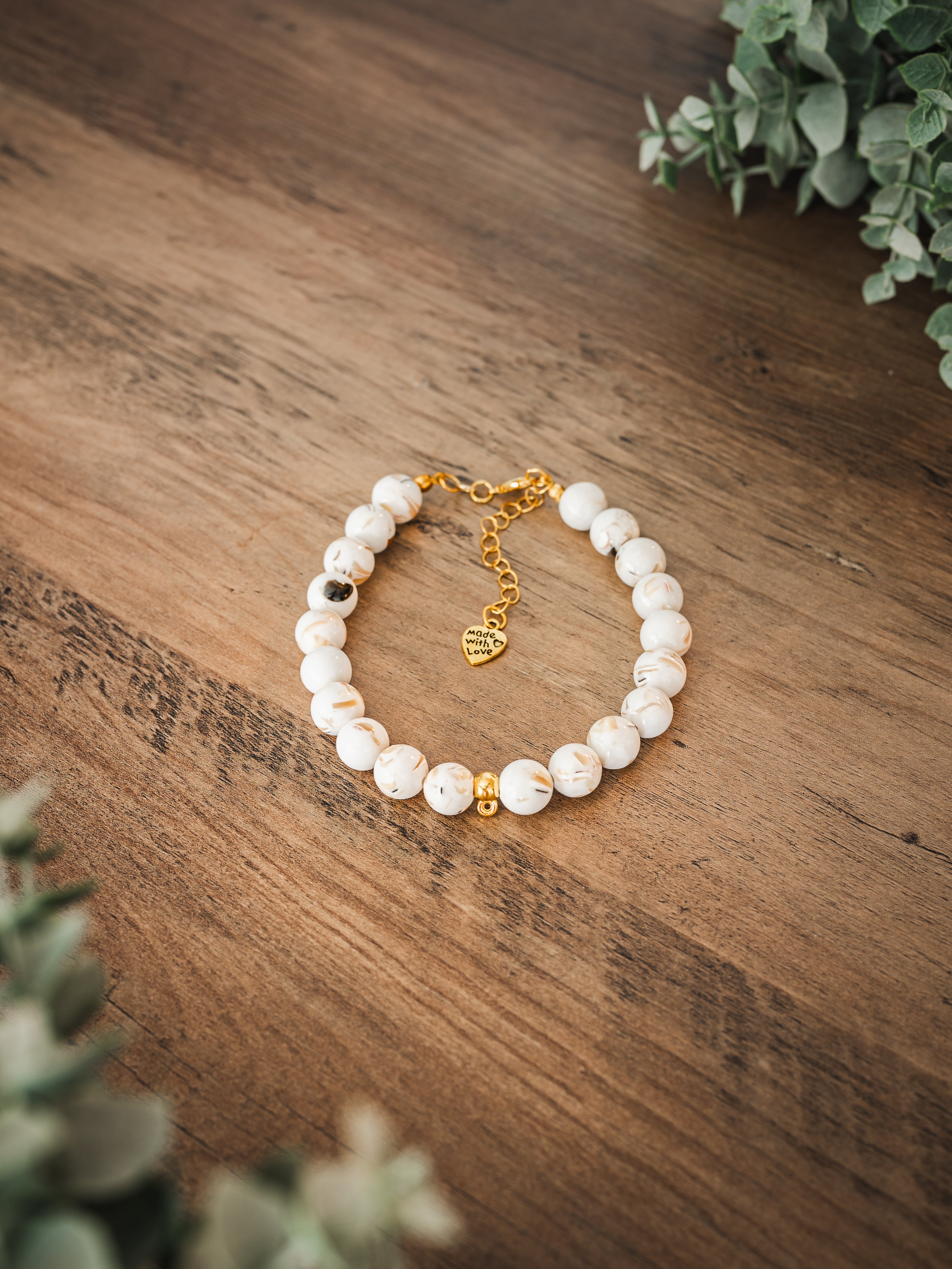 White howlite stone pet necklace with gold chain and Made with Love charm